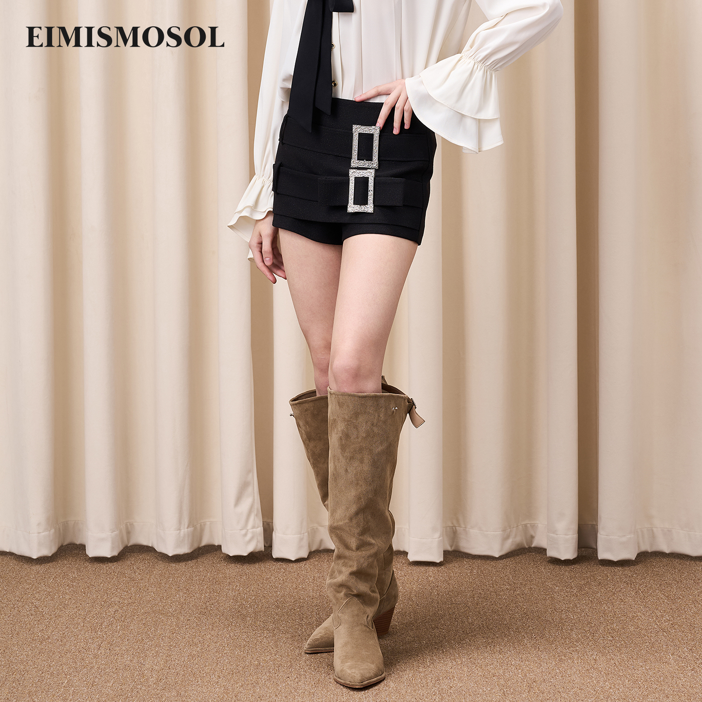 Eimismosol2025秋冬新品蝴蝶结裙裤女双层腰带复古银色日字扣短裤