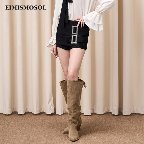 Eimismosol2025秋冬新品蝴蝶结裙裤女双层腰带复古银色日字扣短裤