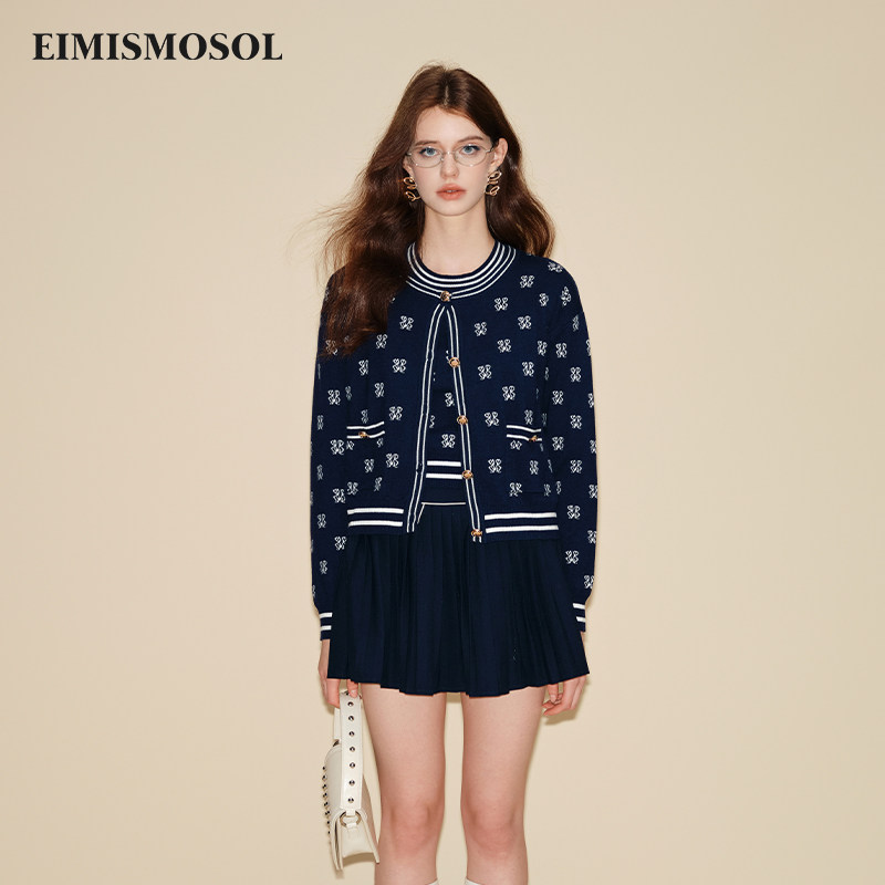 Eimismosol2025秋季新款提花针织开衫女短款长袖圆领柔软透气毛衣