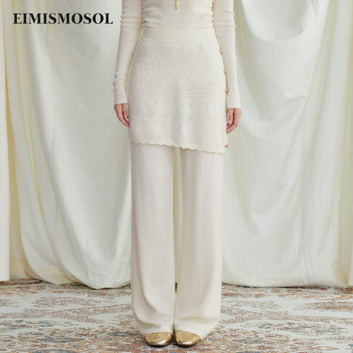 Eimismosol2026冬新款提花假两件绵羊毛女高腰微喇针织休闲屁帘裤