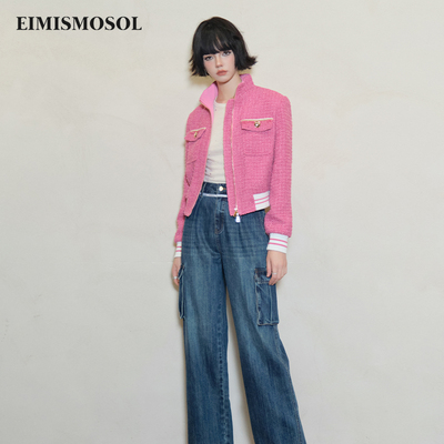 EIMISMOSOL玫红小香风夹克复古工装口袋牛仔裤套装23秋冬新款休闲