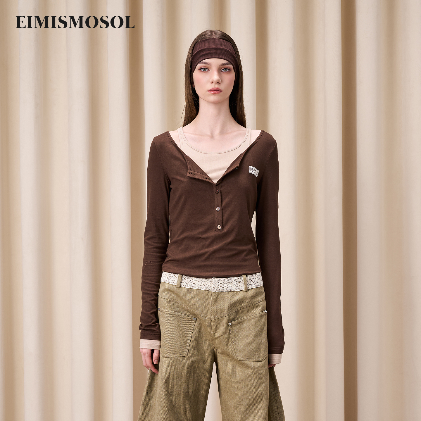 【鞠婧祎同款】Eimismosol 2025秋冬新品假两件女收腰百搭长袖T恤