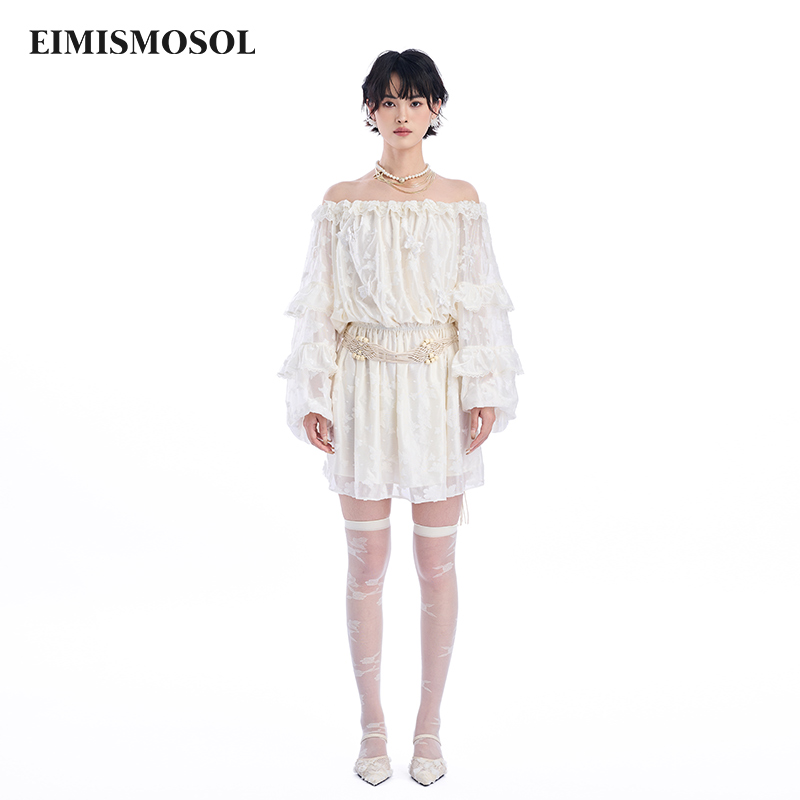 Eimismosol2025夏季新款米色一字肩连衣裙女蝴蝶立体花边灯笼袖