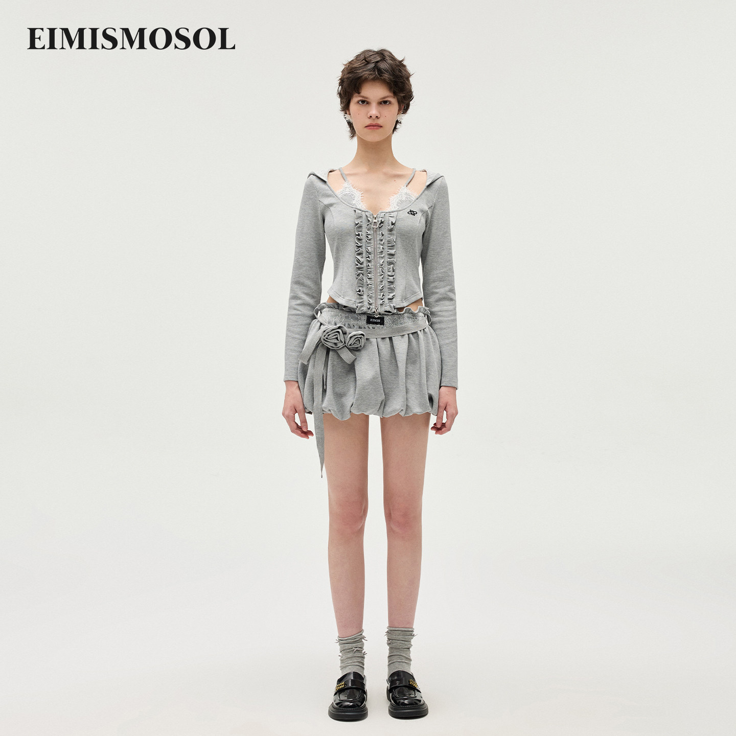 Eimismosol2026秋季新款蕾丝拼接帽衫外套花苞短裙裤修身女套装图片