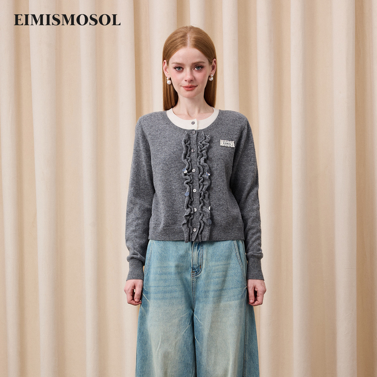 Eimismosol2025冬季新款假两件木耳边撞色针织开衫女百搭绵羊毛衣