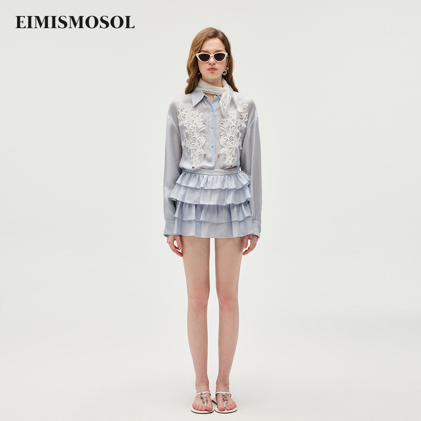 Eimismosol2026夏季新款贴花女薄宽松落肩长袖衬衫百褶蛋糕裙套装