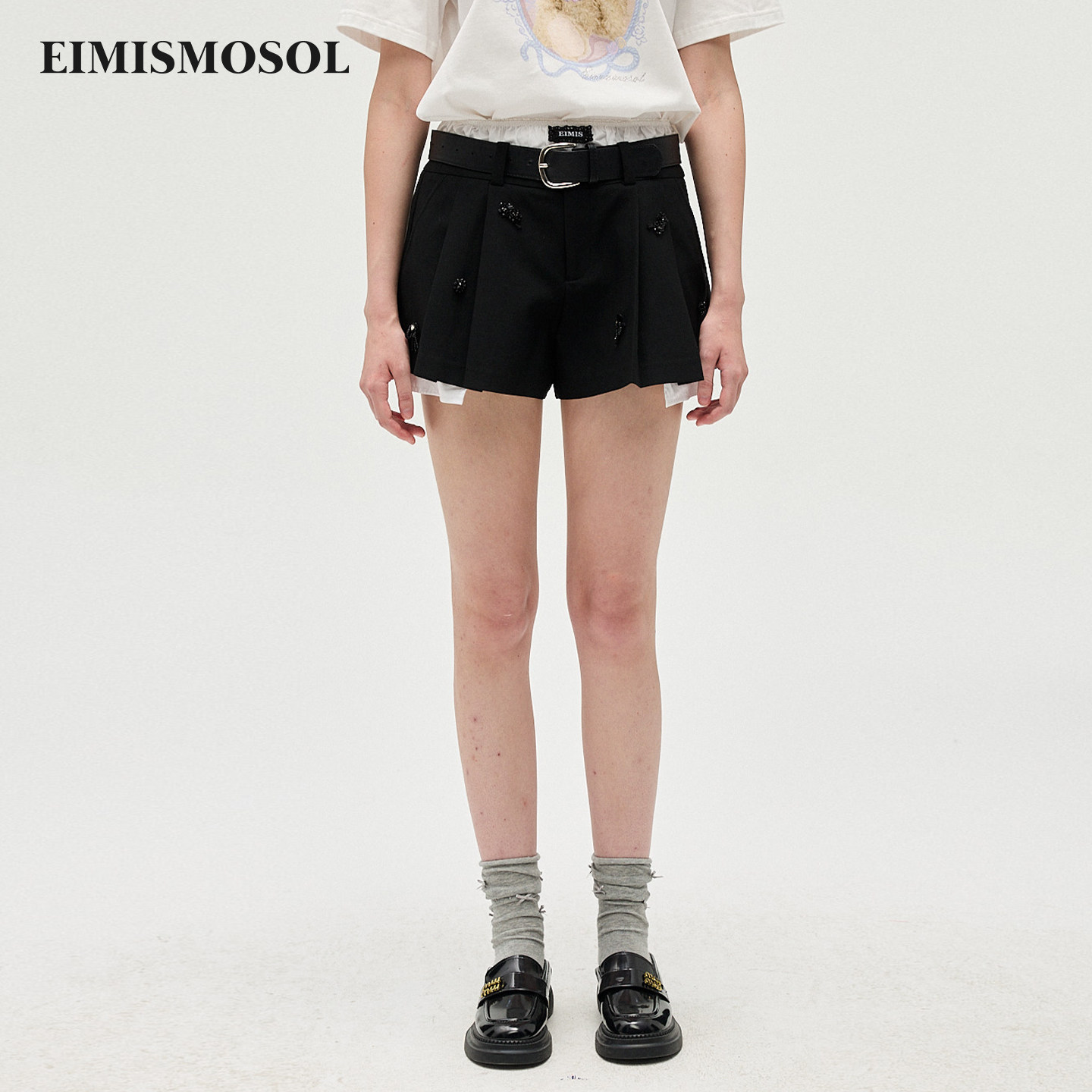 Eimismosol2026春季新款复古拼接口袋珠花高腰皮带女百褶短裙裤,女装/女士精品,裙裤,淘宝优惠券,粉丝福利购,淘宝优惠卷