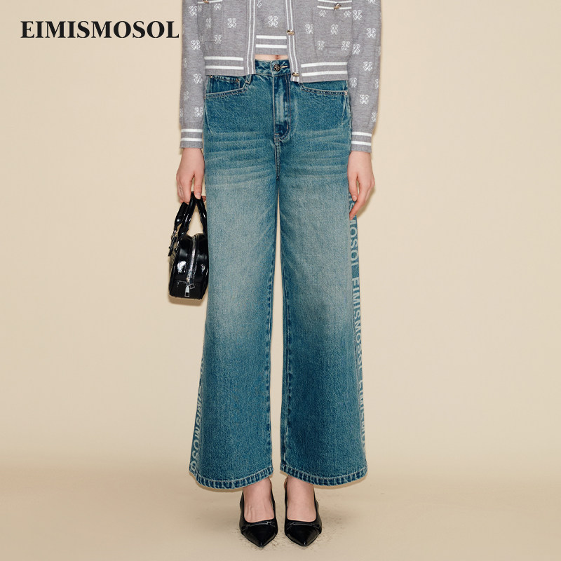 EIMISMOSOLLOGO印花复古阔腿牛仔裤秋冬新款高腰时尚百搭高街女