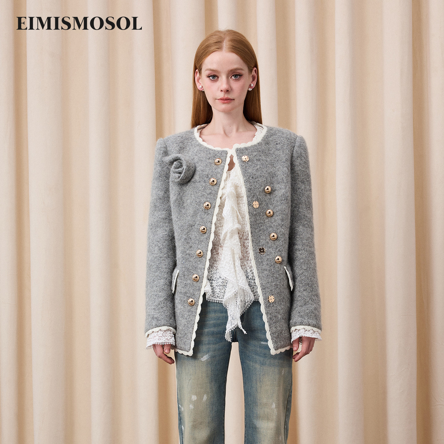 Eimismosol2026新款撞色粗花呢花边短外套女修身中长保暖上衣,女装/女士精品,毛呢外套,淘宝优惠券,粉丝福利购,淘宝优惠卷