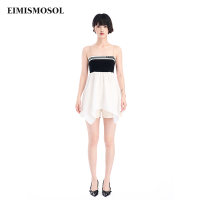 Eimismosol2025夏季新款连衣裙女撞色拼接短裙不规则吊带A字裙