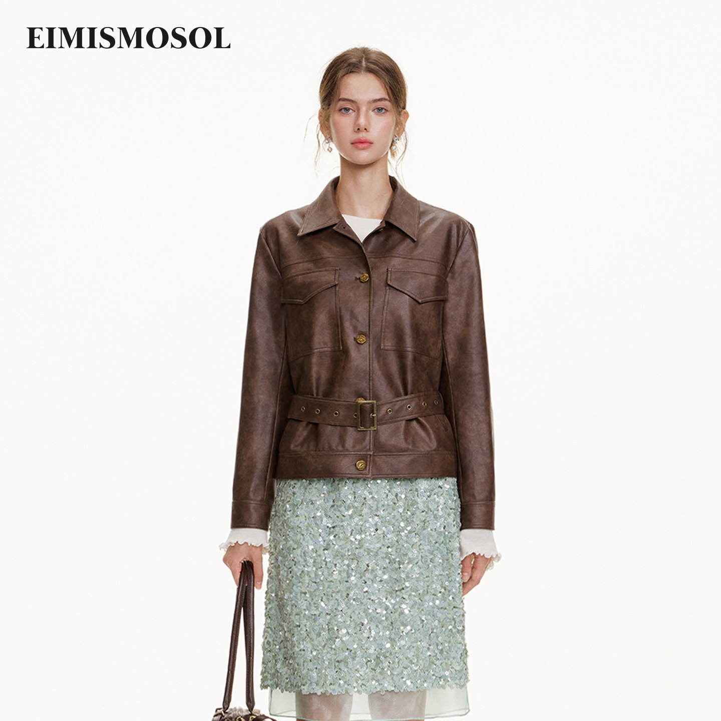 Eimismosol2026秋新款复古咖色女短腰带PU皮夹克外套做旧工装皮衣