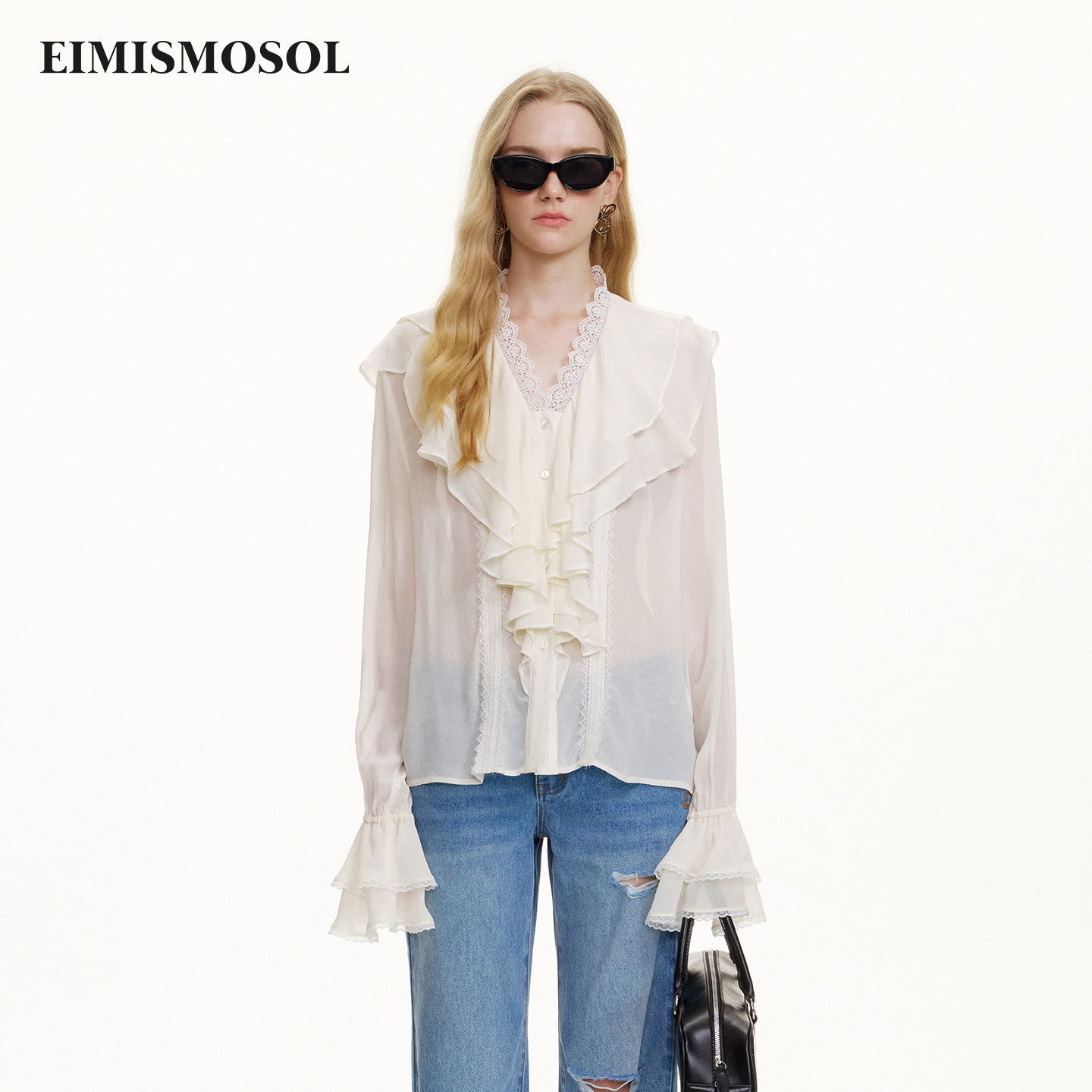 Eimismosol2026秋季新款法式蕾丝荷叶花边女宽松喇叭长袖雪纺衬衫