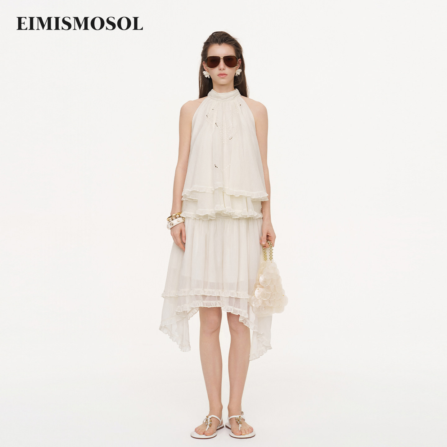 Eimismosol2026夏季新款挂脖无袖荷叶边珍珠小衫不规则半身裙套装