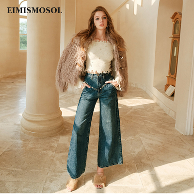 【刘雅瑟同款】EIMISMOSOL普鲁士蓝铆钉阔腿牛仔裤秋冬新款时尚