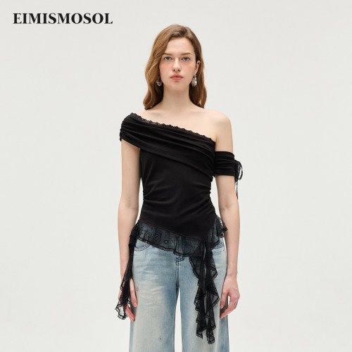 Eimismosol2026夏季新款黑色蕾丝拼接飘带斜肩无袖女短修身T恤