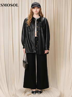 【任敏同款】Eimismosol秋季新款黑色PU皮衣外套女宽松中长款