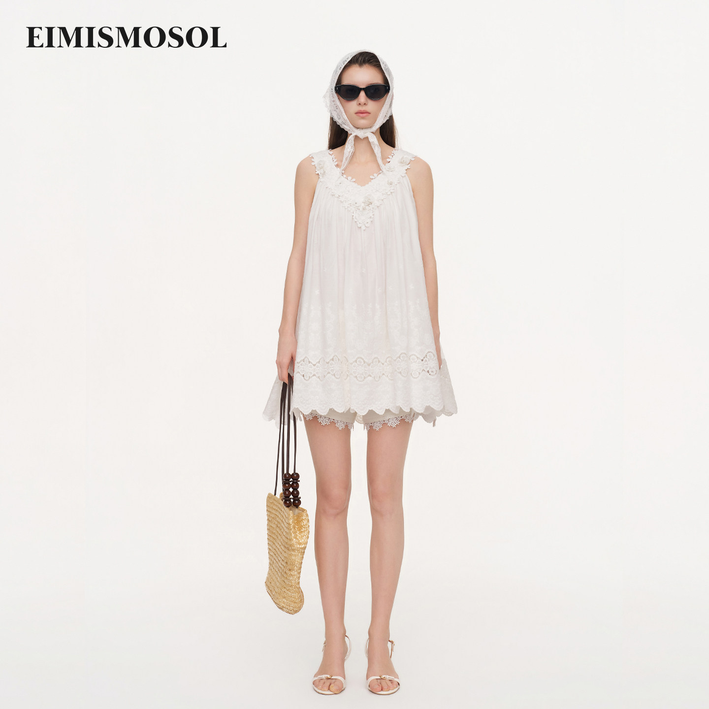 Eimismosol2026夏季新款白色蕾丝花边v领提花修身无袖吊带连衣裙图片