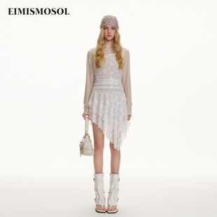 Eimismosol2026秋季新款蕾丝拼接假两件女抽褶收腰长袖针织连衣裙