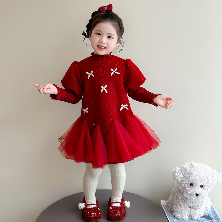 女童红色毛衣连衣裙两件套