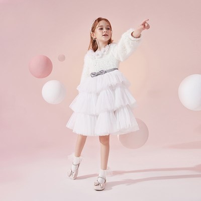 高端白色儿童礼服女童加绒加厚长袖公主裙生日主持蛋糕蓬蓬裙秋冬