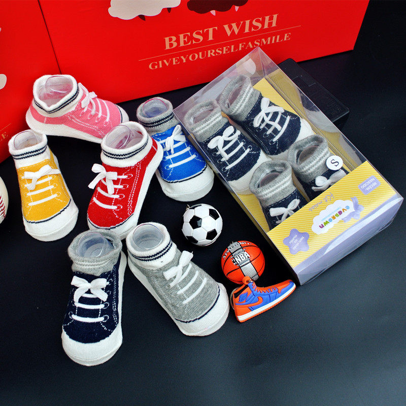 婴儿造型袜子新潮假鞋带满月百日送礼男女宝宝防滑纯棉地板袜礼盒