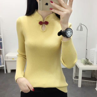 女洋气百搭女士毛衣长袖 2021春季 内搭打底衫 旗袍领修身 上衣潮 新款