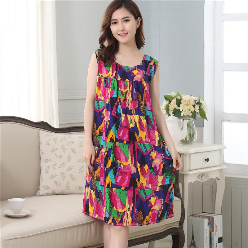 无袖中年裙子睡衣夏妈妈连衣裙纯棉绸睡裙女中老年短袖绵绸家居服