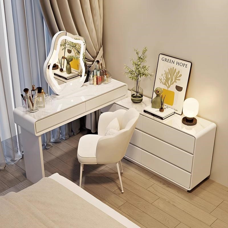 奶油风岩板实木超薄梳妆台30cm宽卧室床尾极窄化妆桌奶油风一体