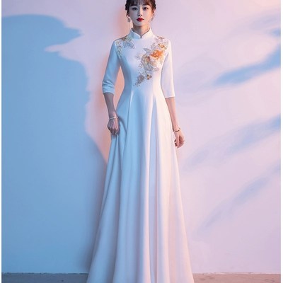 新款大摆礼仪中国风年会合唱演出礼服女中式旗袍伴娘服迎宾颁奖服