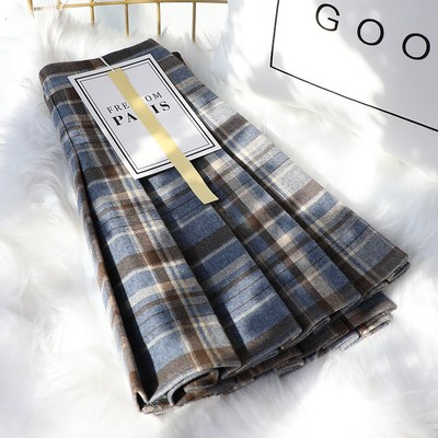 毛呢百褶裙女秋冬季半身裙新款高腰微胖显瘦百搭a字蓝色格子短裙