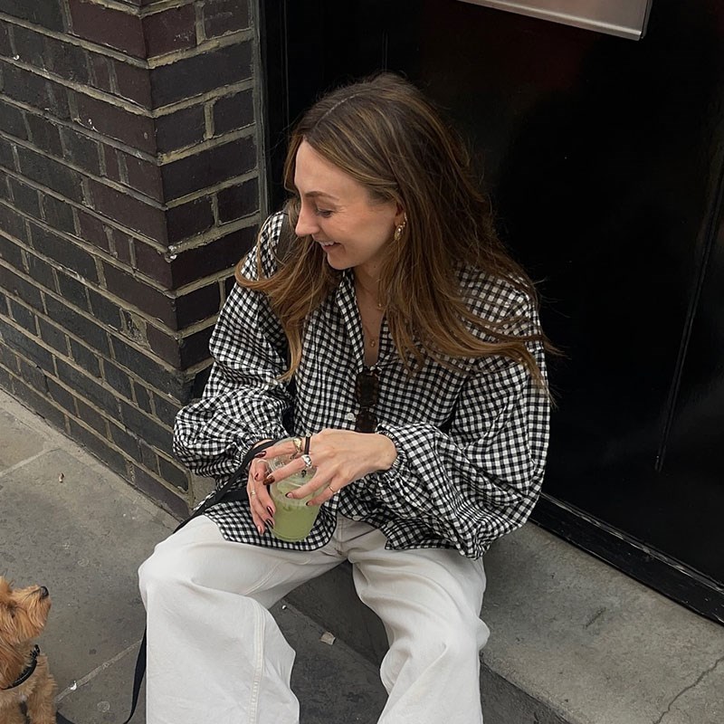 黑白格子衬衫女法式风宽松纯棉灯笼袖气质2024早秋新款显瘦上衣