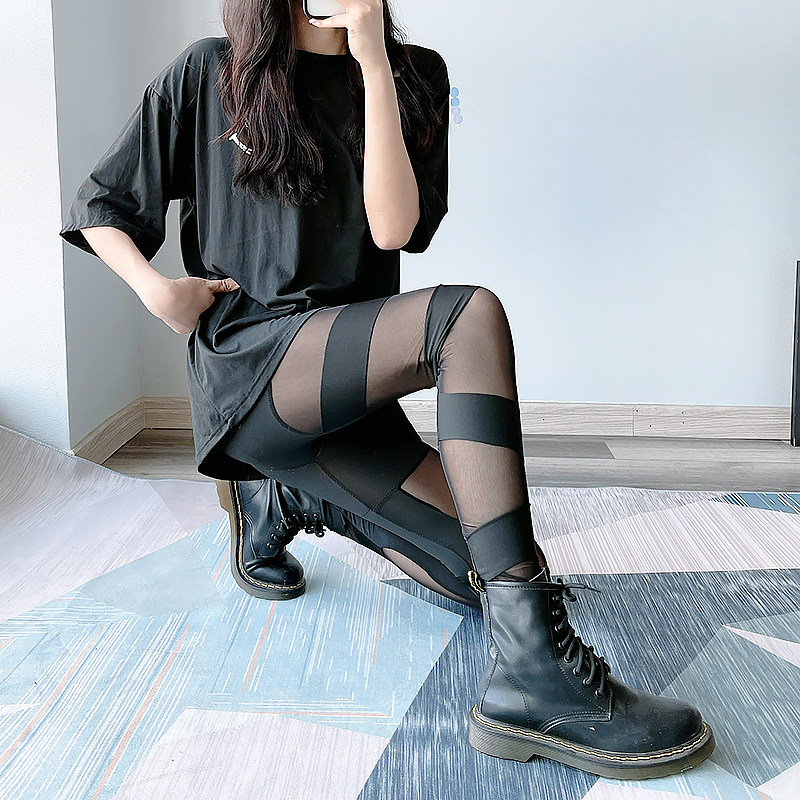 黑色打底裤女外穿春秋款薄款网纱拼接个性九分高腰紧身显瘦小黑裤