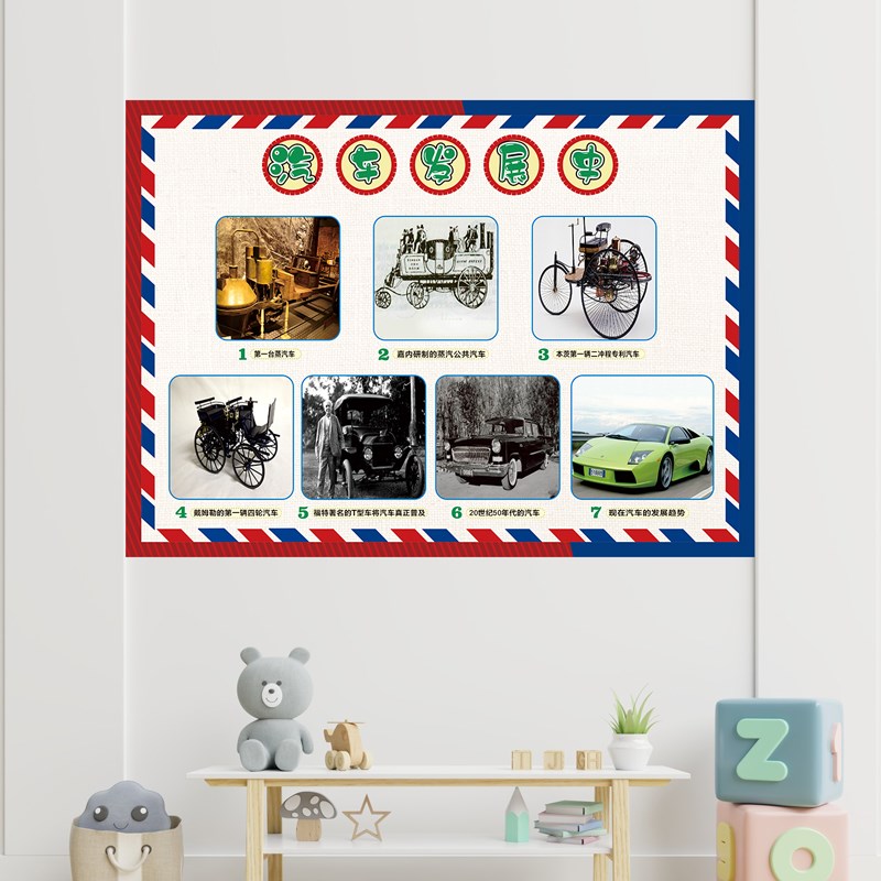 幼儿园汽车主题环创贴纸发展史标志结构交通安全材料墙面布置墙贴
