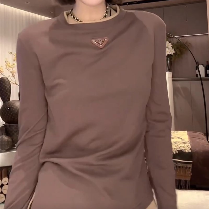 三角假两件长袖T恤女2024早春圆领潮I流百搭设计感开叉大码打底衫