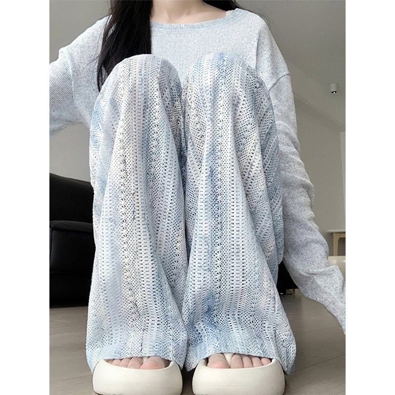 扎染镂空休闲裤女秋冬款胖妹妹mm高腰宽松显瘦R垂感阔腿冰丝凉凉