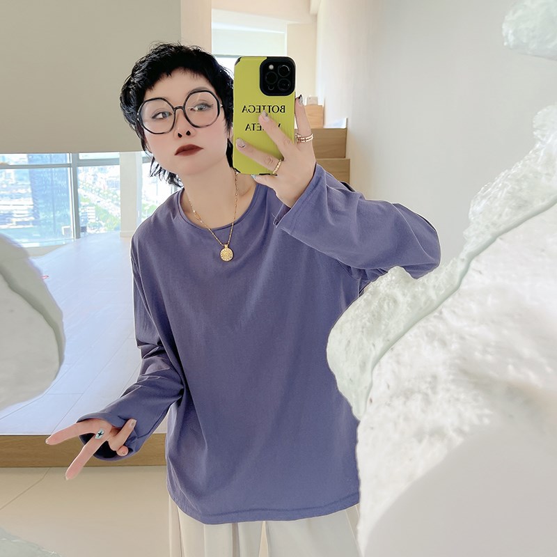 春秋季简约长袖t恤衫大码女装2y00斤胖mm宽松藏肉内搭圆领套头上