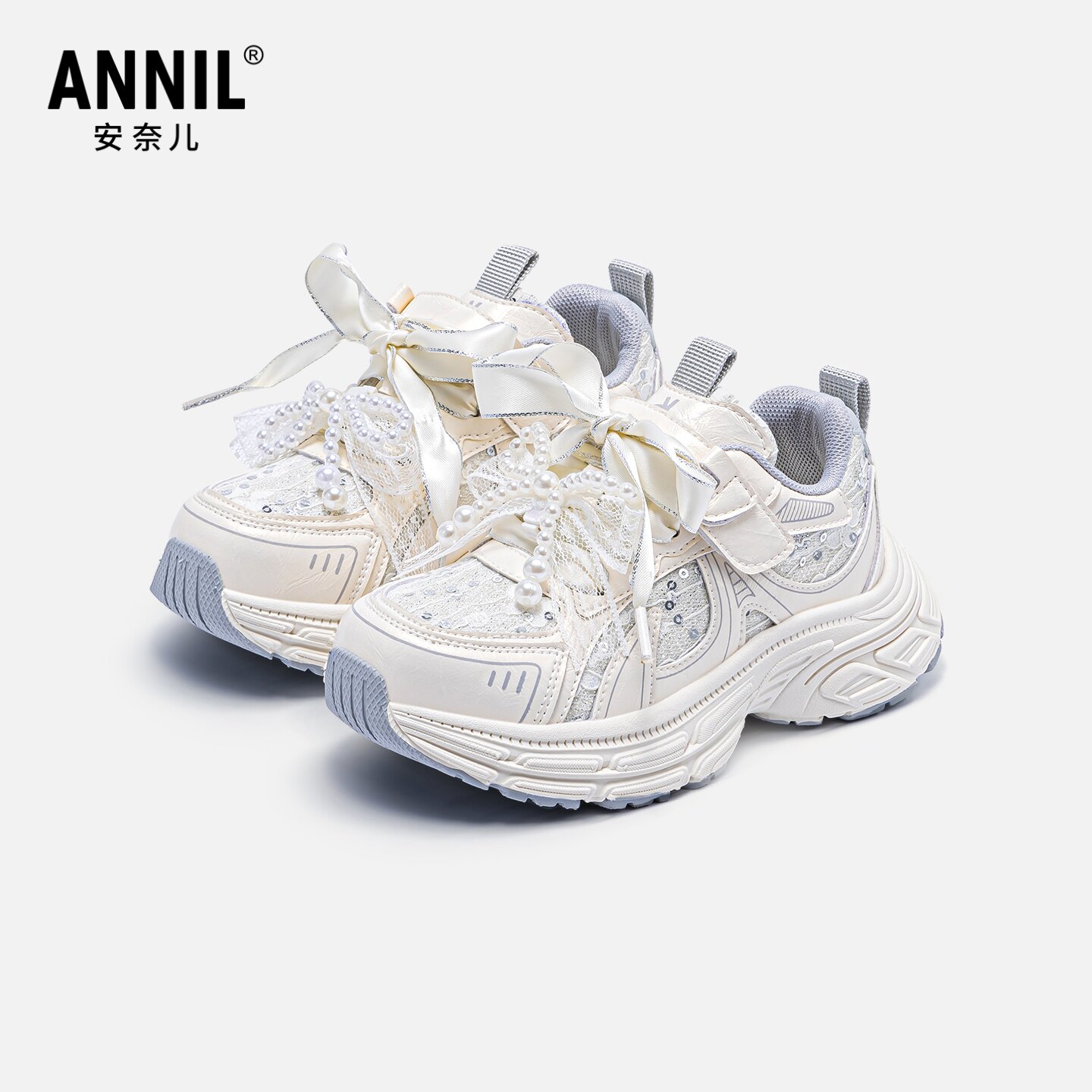 安奈儿品牌女童老爹鞋2026新款春季大童女孩跑步鞋儿童白色运动鞋