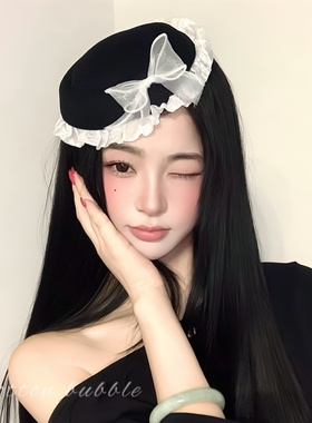 韩系花边蝴蝶结黑色小礼帽发夹学院风jk制服可爱氛围感侧边夹帽子