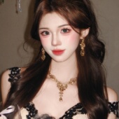 香槟色水滴流苏闪钻项链耳环套装 女高级感宴会气质礼服锁骨链配饰