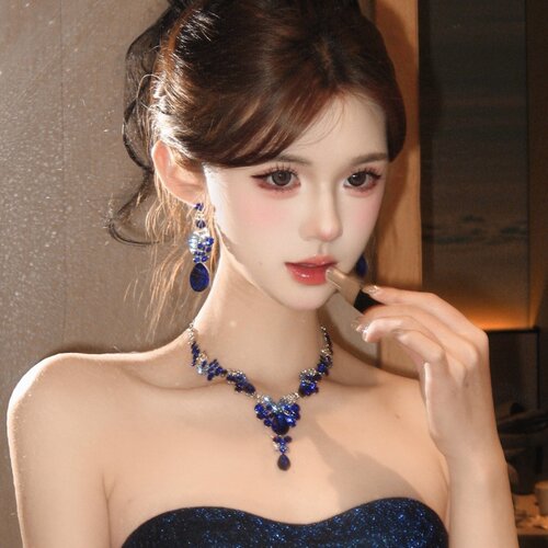 复古蓝色水钻项链耳环套装配饰女
