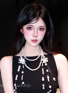 复古多层珍珠白色花朵长项链叠戴