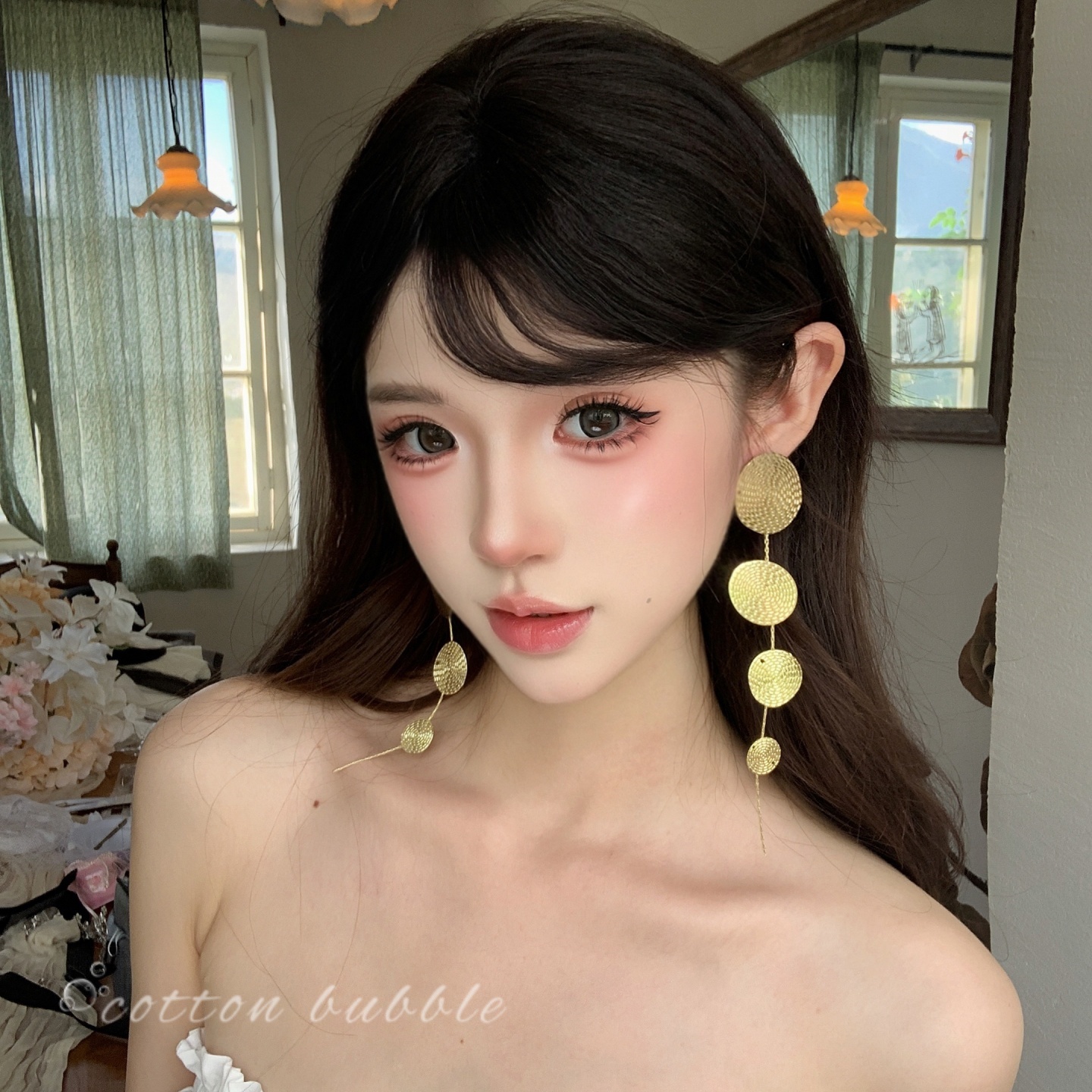 老钱风金色圆片流苏耳环轻奢复古