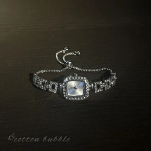 Vintage银色小方形手表古着锆石镶钻女士手链轻奢小众高级感手饰