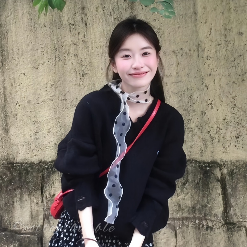 韩系蕾丝黑色波点长条丝巾飘带女