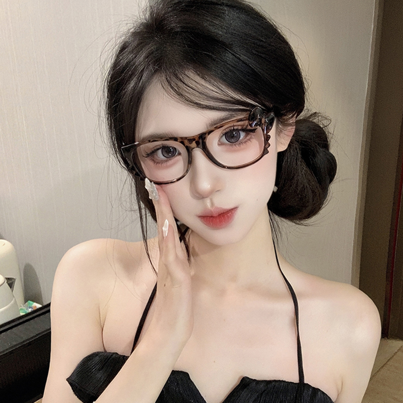 复古kitty豹纹眼镜框可爱玳瑁色素颜神器甜酷y2k无镜片装饰架框