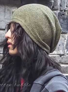 张子枫同款绿色堆堆帽女秋冬显脸小包头大头围毛线帽护耳卷边冷帽