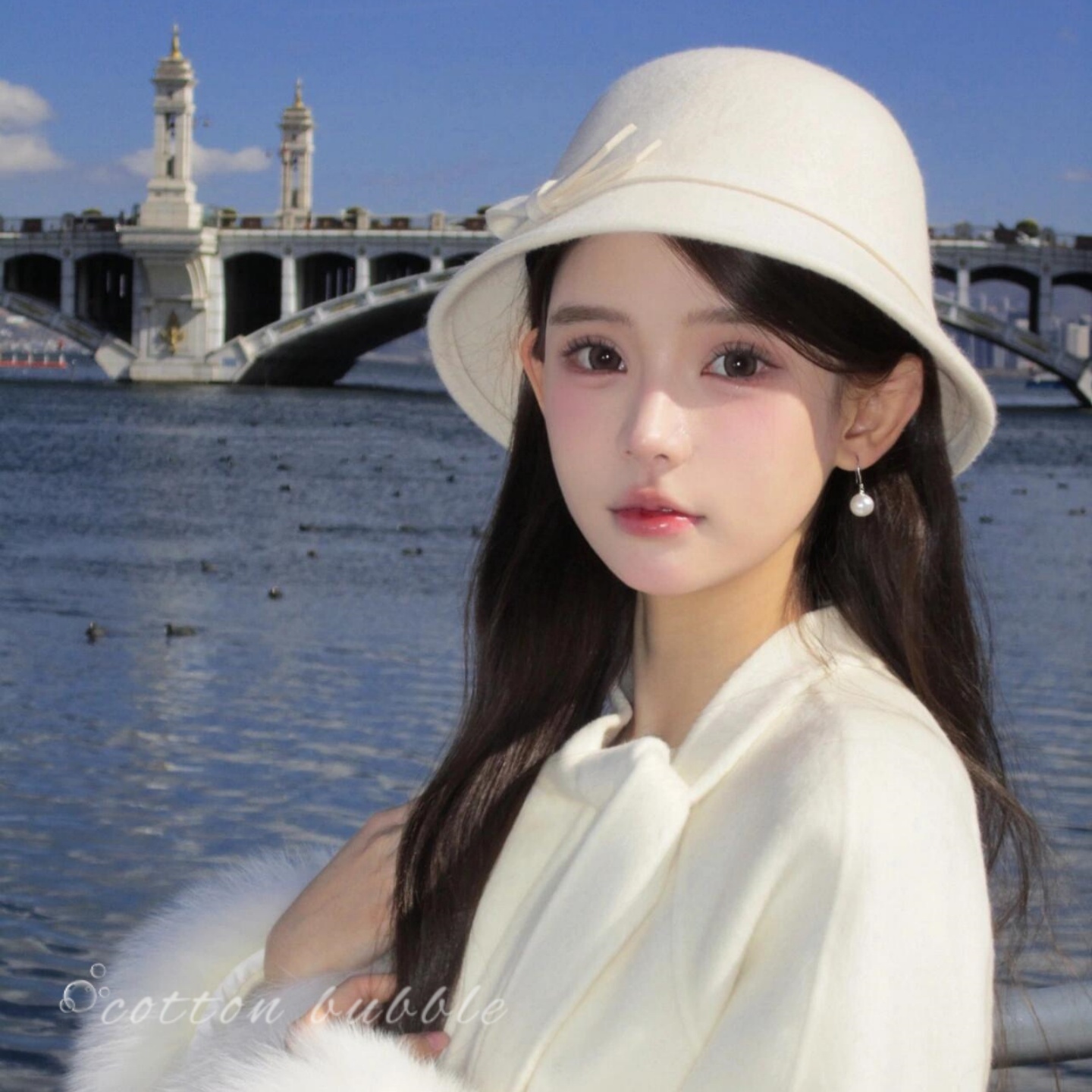 留洋千金白色蝴蝶结帽子法式复古