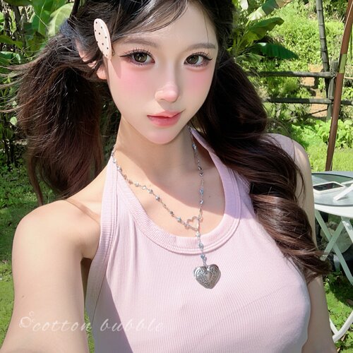 vintage古着银色爱心吊坠项链女