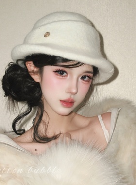 法式千金风白色礼帽女名媛贵气优雅帽子显脸小渔夫帽秋冬针织盆帽