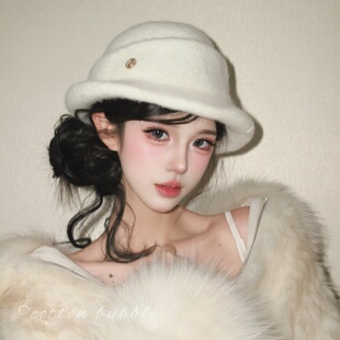 法式千金风白色礼帽女名媛贵气优雅帽子显脸小渔夫帽秋冬针织盆帽